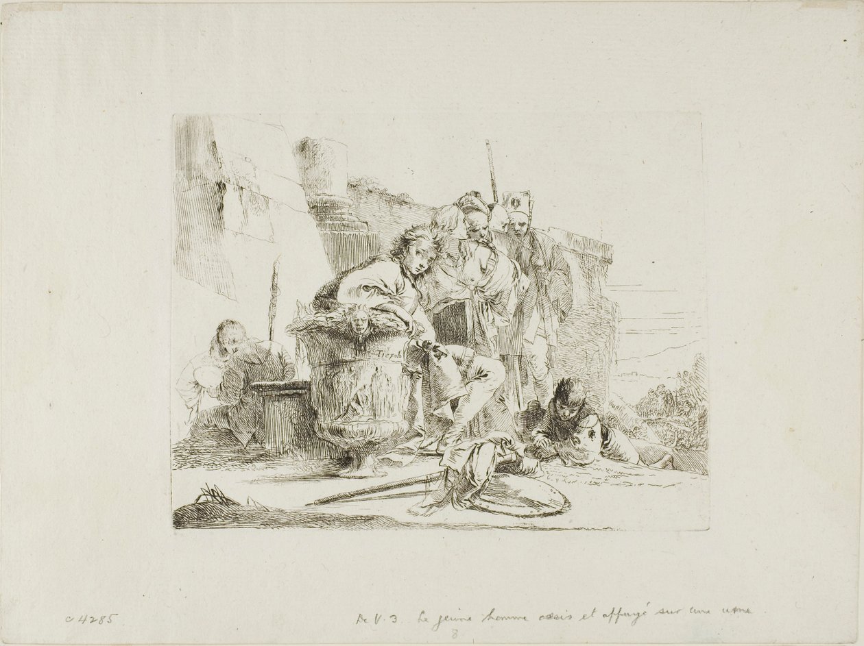 Jovens sentados encostados em uma urna, de Capricci de Giambattista Tiepolo