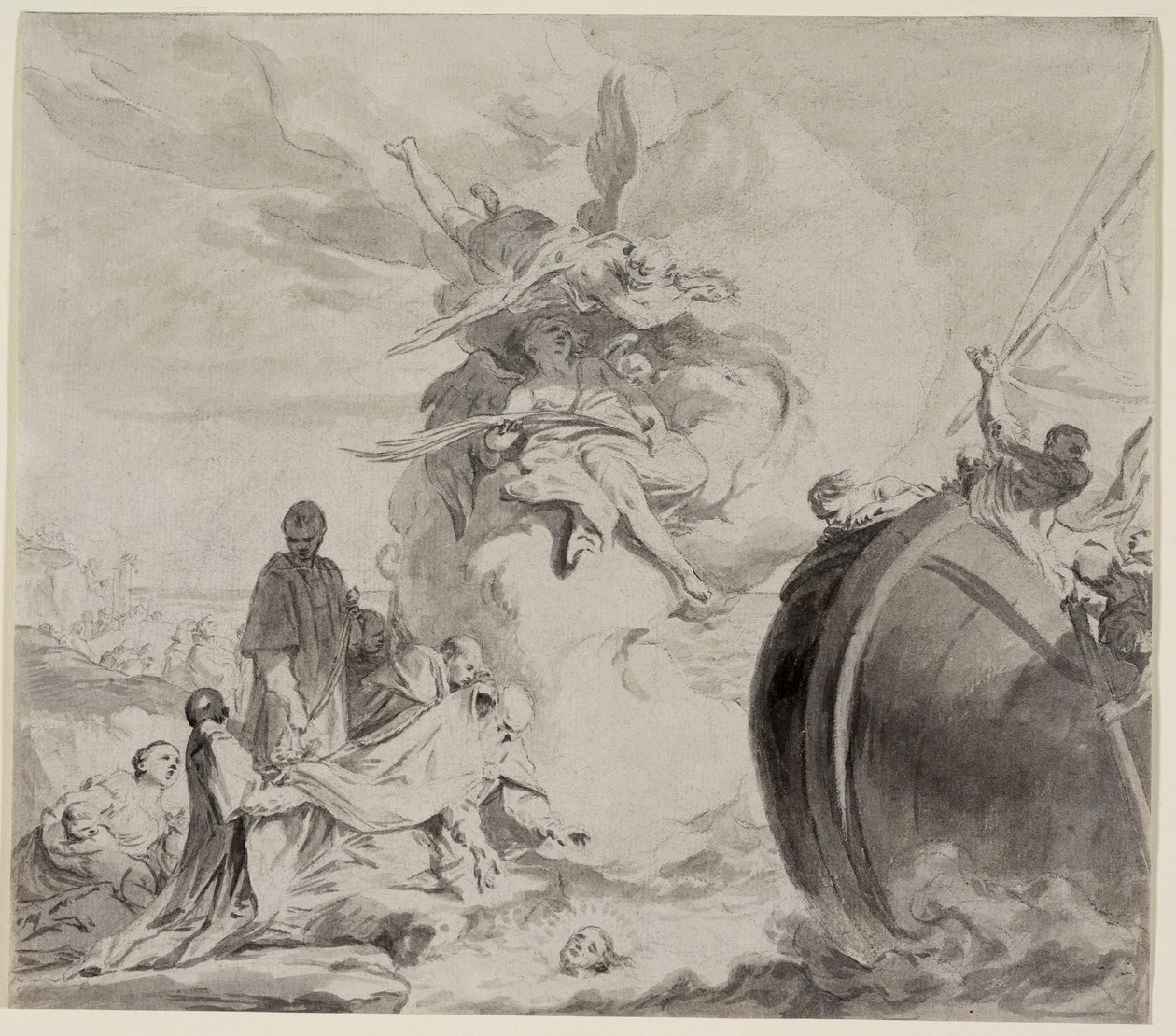 A Cabeça de São Torpe salva por Anjos e restaurada ao Arcebispo Frederico (cinza lavada sobre giz preto sobre papel) de Giambettino Cignaroli