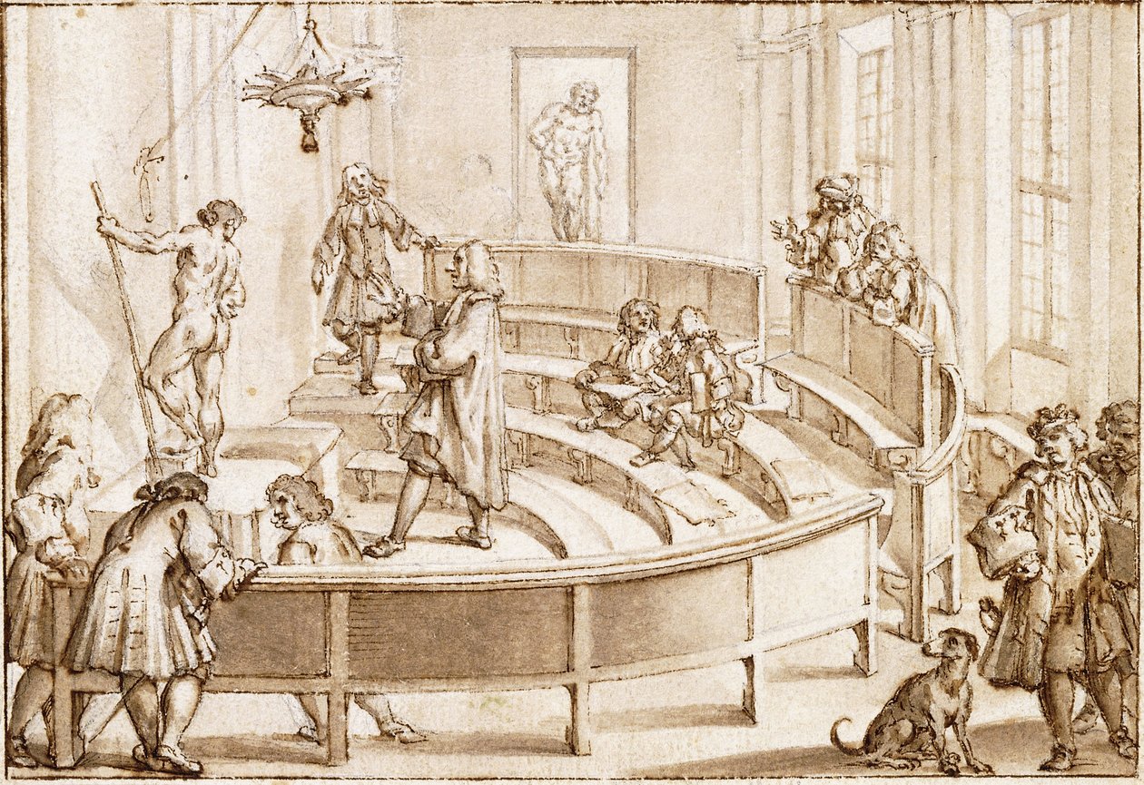 A Academia Clementina, Bolonha, com um nu sendo posicionado pelo mestre de desenho, o Hércules Farnese ao fundo (giz preto, caneta e tinta castanha com aguada castanha) de Giampietro Zanotti