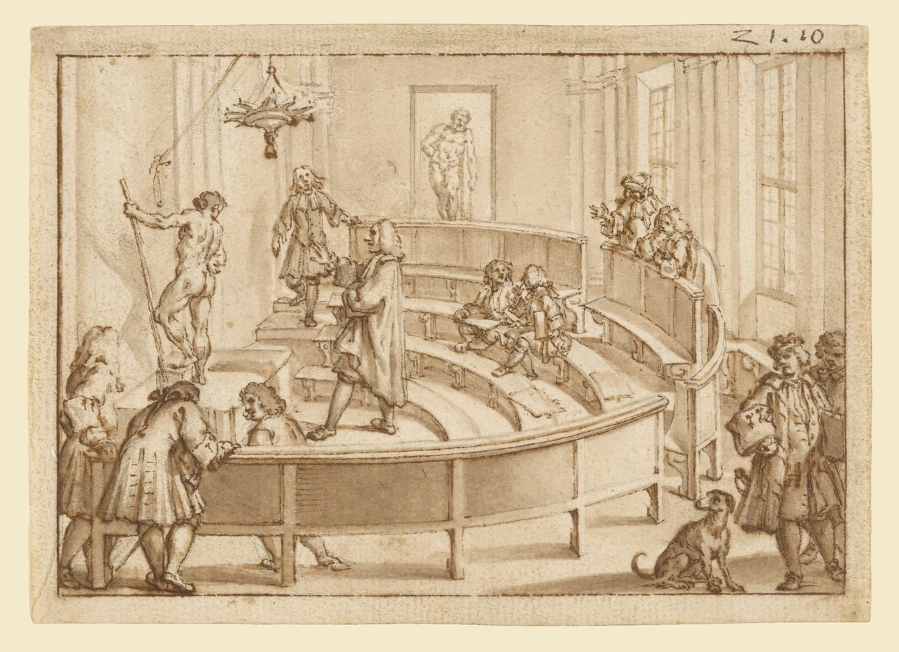 A "Accademia Clementina" de Bolonha, com um nu a ser posicionado pelo mestre de desenho, o "Hércules Farnese" mais além de Giampietro Zanotti