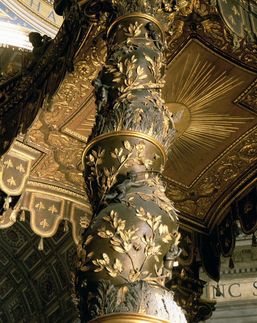 Coluna de açúcar de cevada do Baldacchino com folhas de louro e putti perseguindo as abelhas, 1633 (bronze) de Gian Lorenzo Bernini