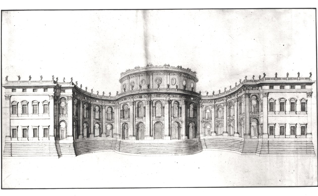 Primeiro projeto para o Louvre, elevação da fachada leste, do &39;Recueil du Louvre&39;, volume seguinte. 4, 1664 (caneta e tinta e lavar no papel) (ver 164014) de Gian Lorenzo Bernini