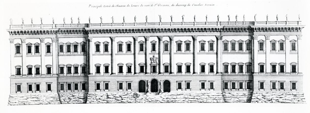Terceiro projeto para o Palais du Louvre, Paris: elevação da fachada leste e entrada principal do palácio do lado de Saint Germain, 1665 de Gian Lorenzo Bernini