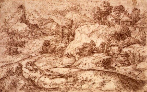 No.0955 Paisagem Montanhosa com uma Figura Feminina Reclinada (caneta e sépia sobre papel) de Gian Battista (attr. to) Angolo del Moro