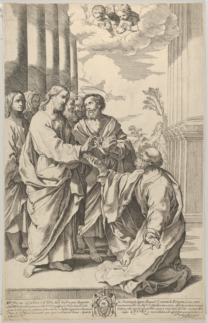 Cristo entregando as chaves da igreja a São Pedro que se ajoelha diante dele, depois de Guido..., 1640-70. de Gian Battista Bolognini