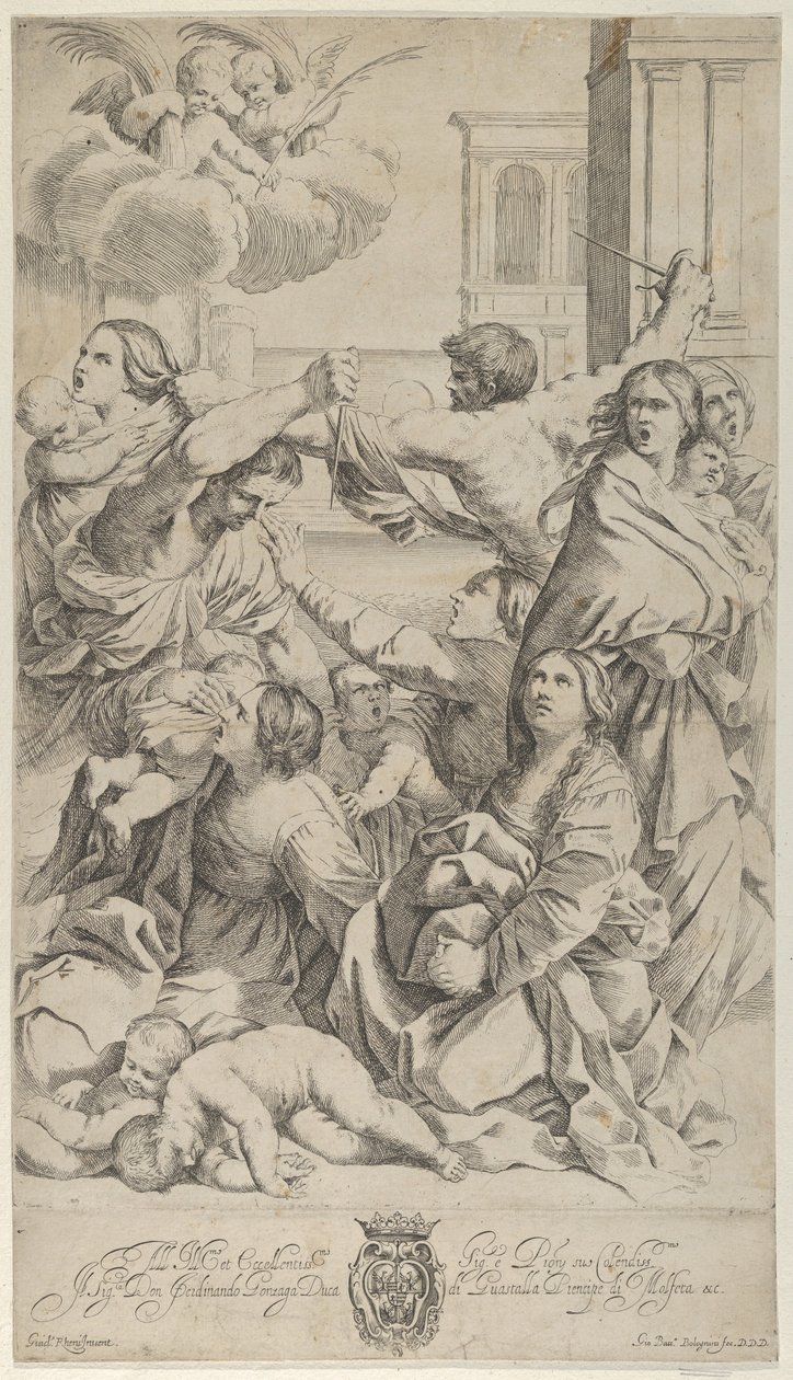 Massacre dos Inocentes, grupo de mulheres e crianças sendo atacados, dois anjos a..., ca. 1640-70. de Gian Battista Bolognini