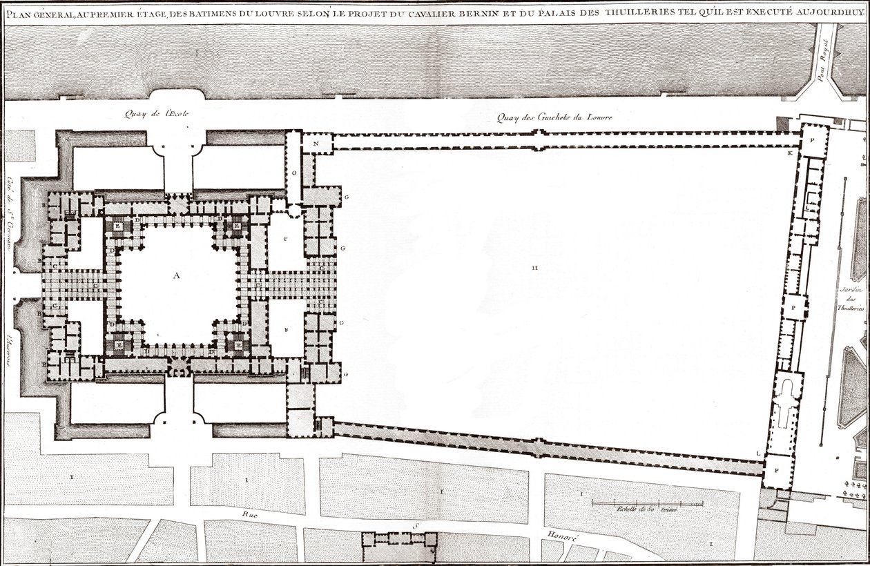 Plano geral do projeto de Bernin para o Louvre e Tuileries em "Francoise Architecture" de Jacques-Francois Blondel de Gian Lorenzo (after) Bernini