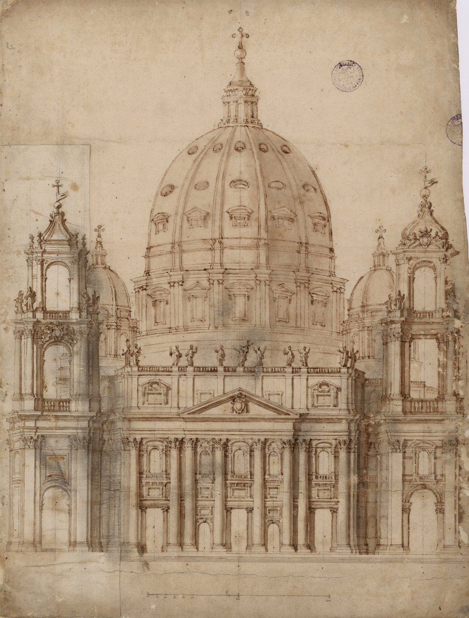 Proposta alternativa para a fachada da Basílica de São Pedro no Vaticano par Bernini, Gianlorenzo (1598-1680). Caneta, pincel, aguarela, tinta indígena sobre papel de Gian Lorenzo Bernini