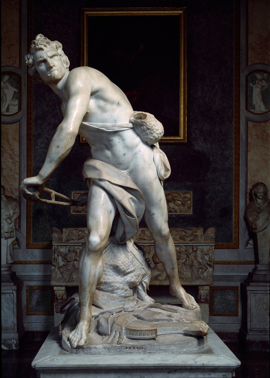 David atirando a Pedra da Escultura Barroca de Sling, feita por Gian Lorenzo Bernini dit Le Bernin (1598-1680) de Gian Lorenzo Bernini