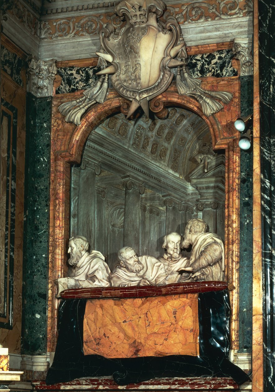 Caixa lateral com a família Cornaro, escultura de mármore da escola de Gian Lorenzo Bernini (1598-1680), Capela Cornaro, Igreja de Santa Maria della Vittoria, Roma, Itália de Gian Lorenzo Bernini