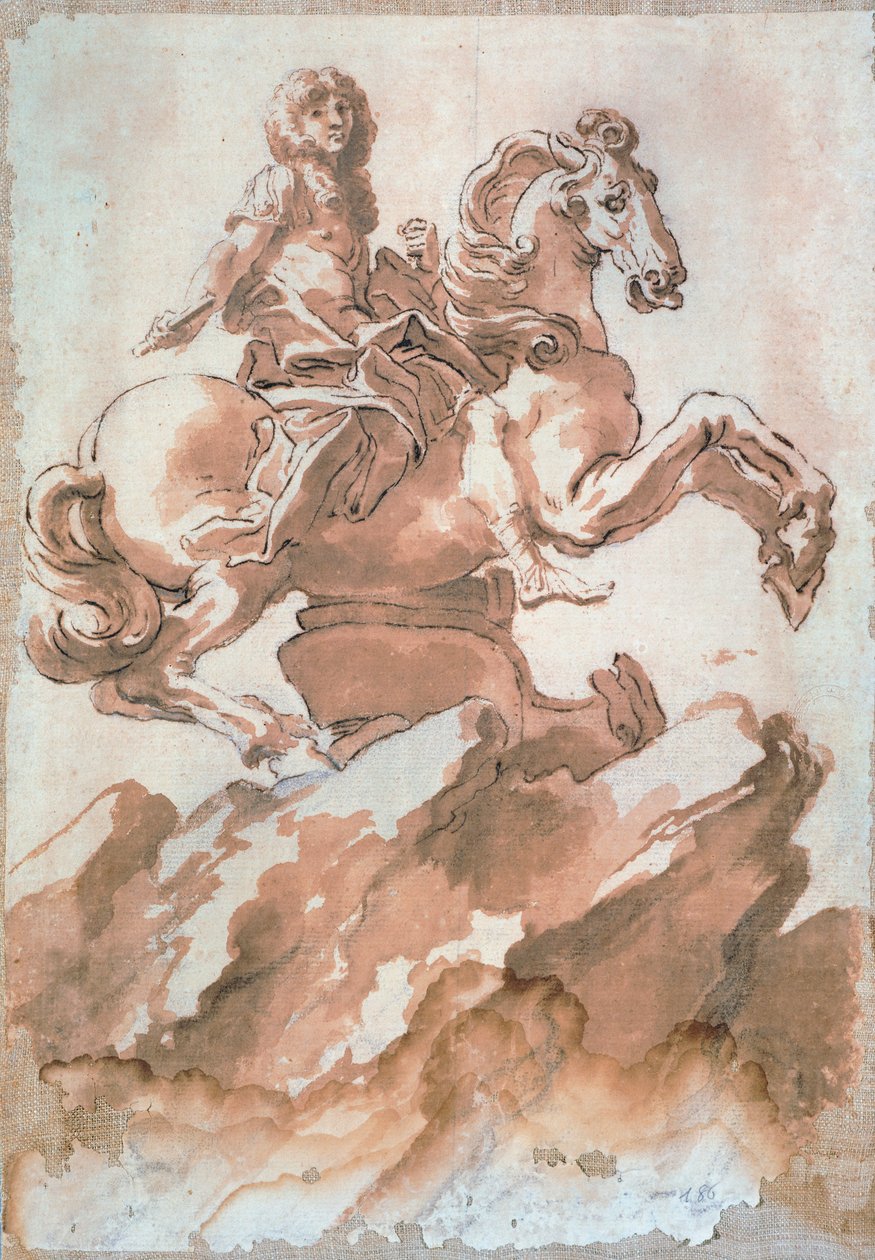 Esboço para Luís XIV a cavalo por Gian Lorenzo Bernini (1598-1680), desenhando com caneta e tinta de Gian Lorenzo Bernini