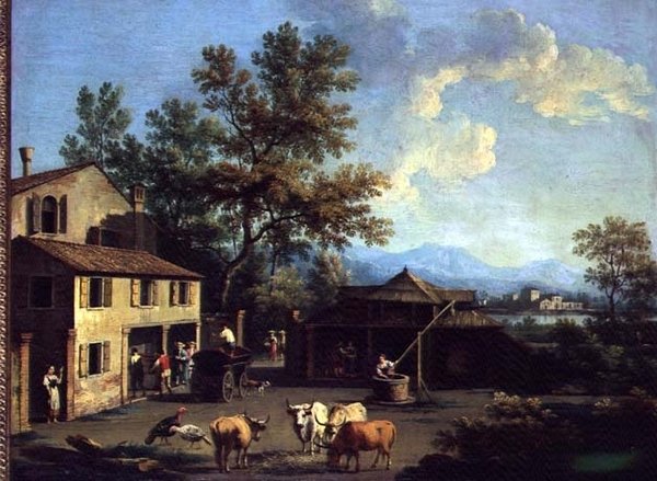 Um Estaleiro com Camponeses e Animais de Gianbattista Cimaroli