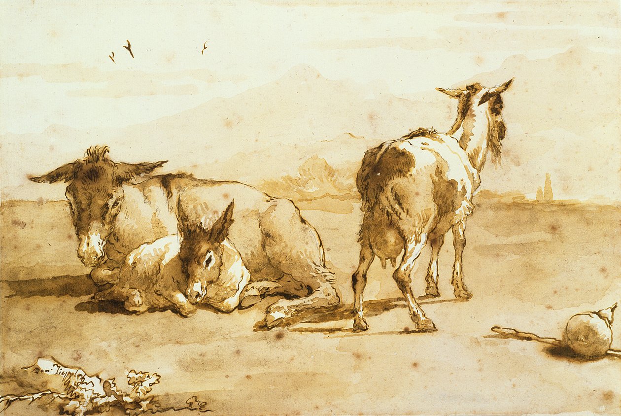 PD.32-1959 Dois burros e uma cabra em uma paisagem (caneta e tinta marrom com tinta no papel) de Giovanni Domenico Tiepolo