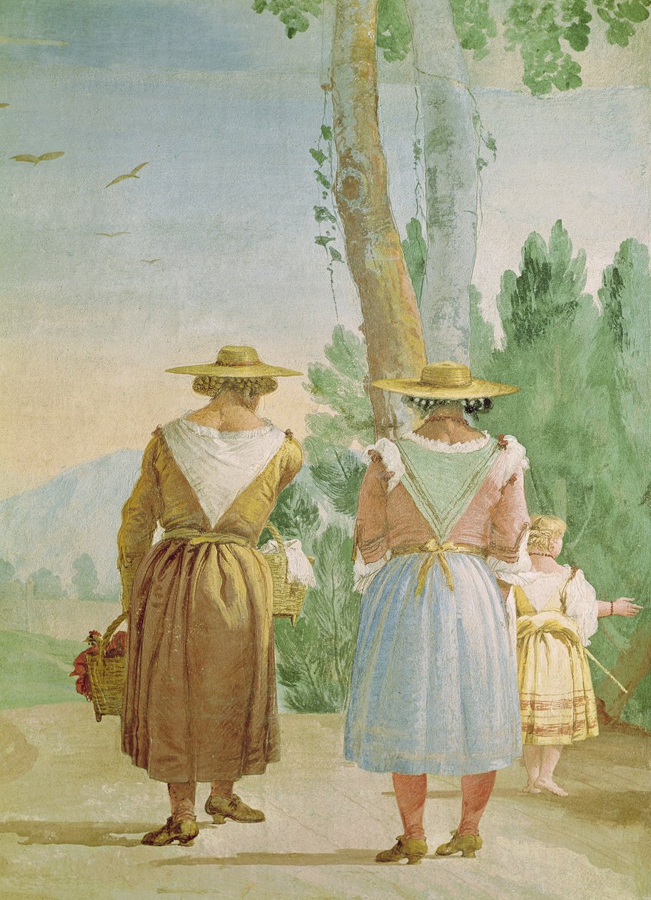 Duas mulheres camponesas e uma criança vista de trás, da &39;Foresteria&39; (Guesthouse) 1757 de Giovanni Domenico Tiepolo