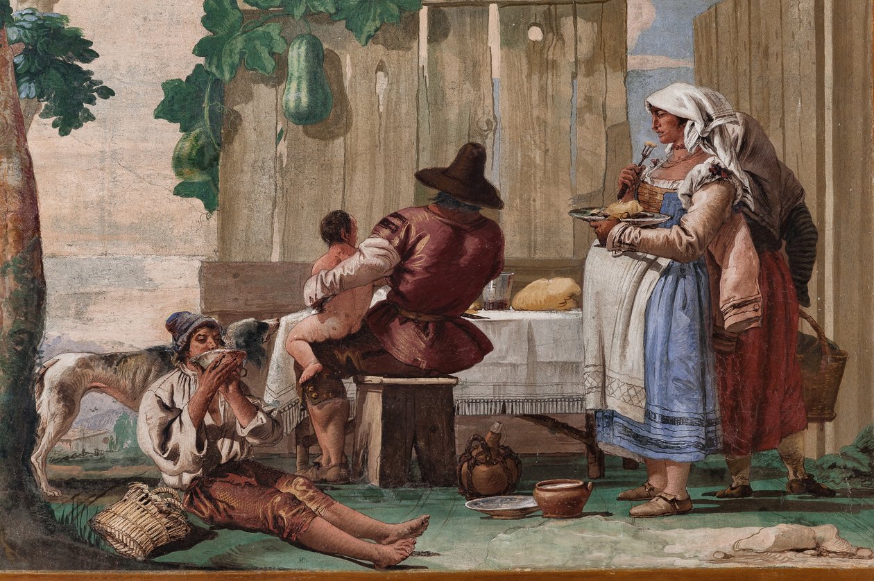 Família Camponesa à Mesa, da Sala de Cenas Rústicas, na Florestaria (Pousada) 1757 (fresco) de Giandomenico  Tiepolo