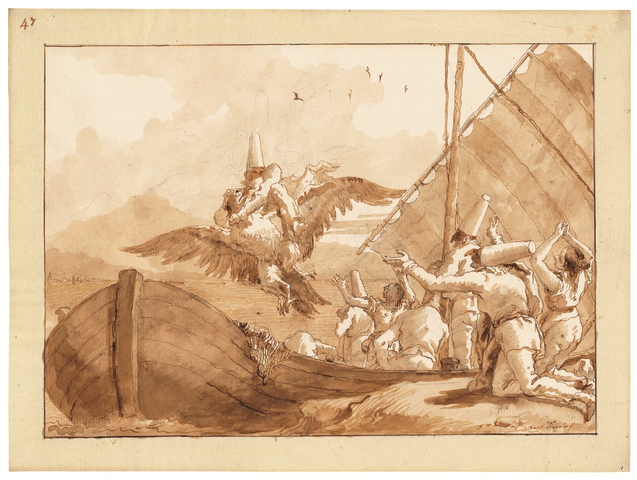 Punchinello levado por uma águia (giz, caneta e tinta, e lavagem sobre papel) de Giandomenico (1727 1804) Tiepolo