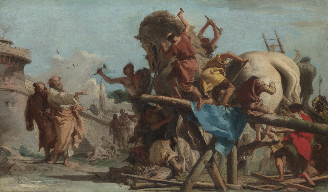 O Edifício do Cavalo de Tróia, c.1760 (óleo sobre tela) de Giandomenico (1727 1804) Tiepolo