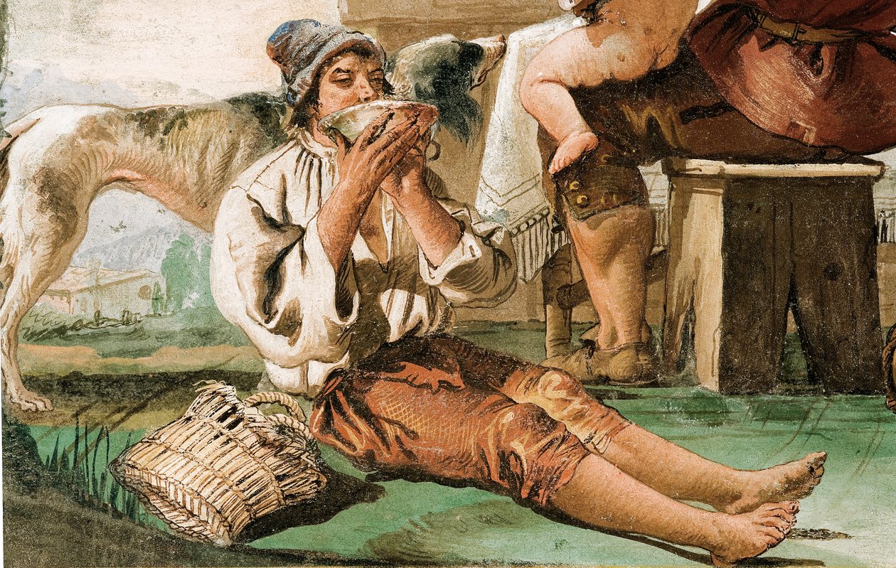 Detalhe da família camponesa na mesa, da sala de cenas rústicas, na Foresteria, 1757 de Giovanni Domenico Tiepolo
