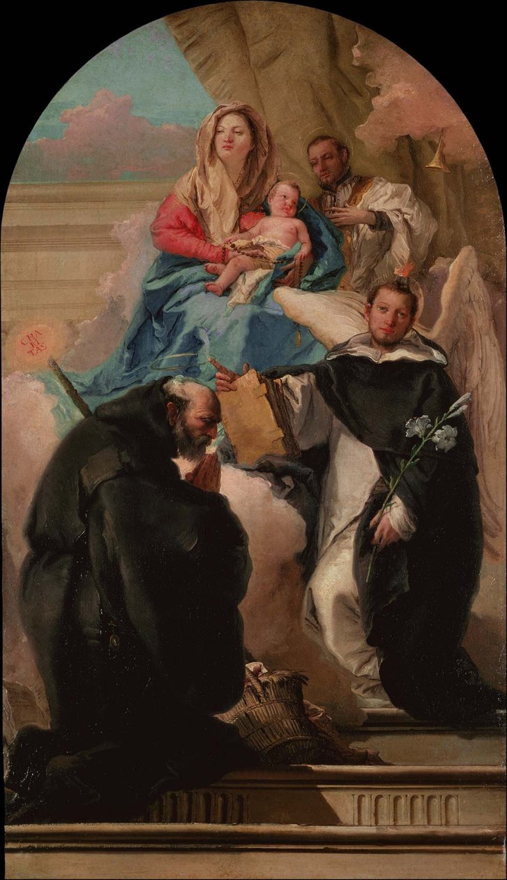 Madonna e criança com três santos, ca 1760 de Giovanni Domenico Tiepolo