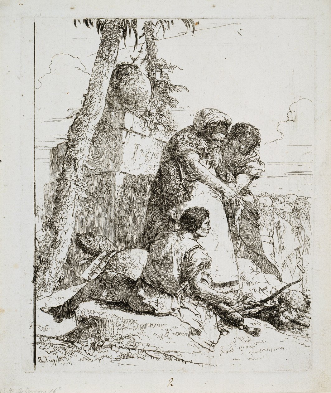 Mago, apontando uma cabeça ardente para dois jovens, c. 1740s de Giovanni Domenico Tiepolo