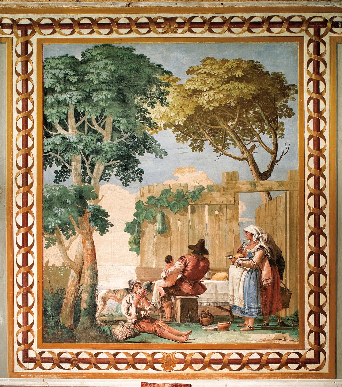 Família camponesa na mesa, da sala de cenas rústicas, na Foresteria (Guesthouse) 1757 de Giovanni Domenico Tiepolo