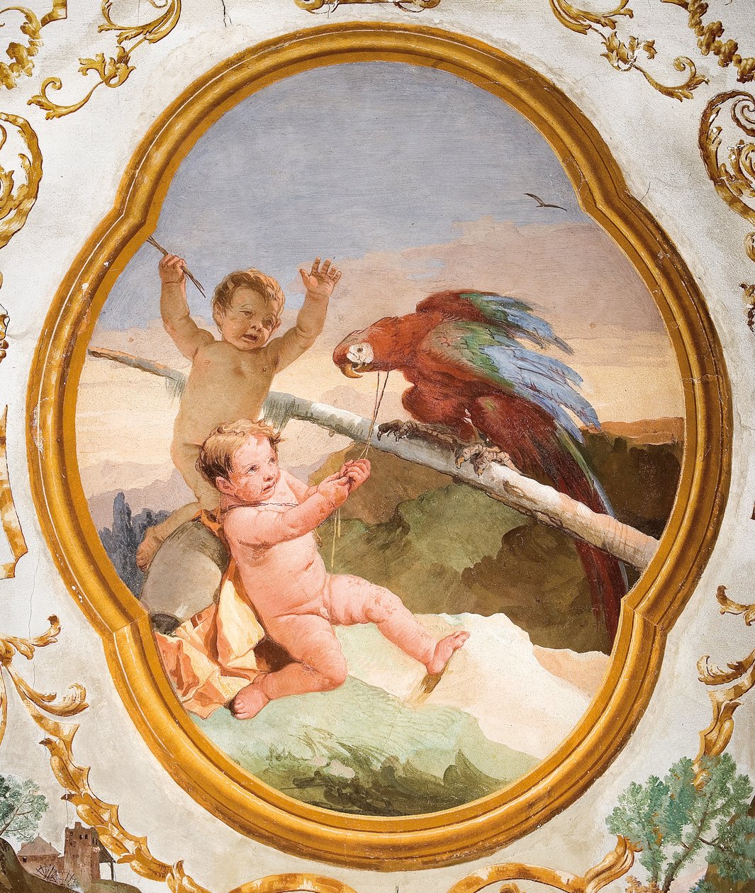 Putti com um papagaio, da sala Putti na Foresteria (Guesthouse) 1757 de Giovanni Domenico Tiepolo