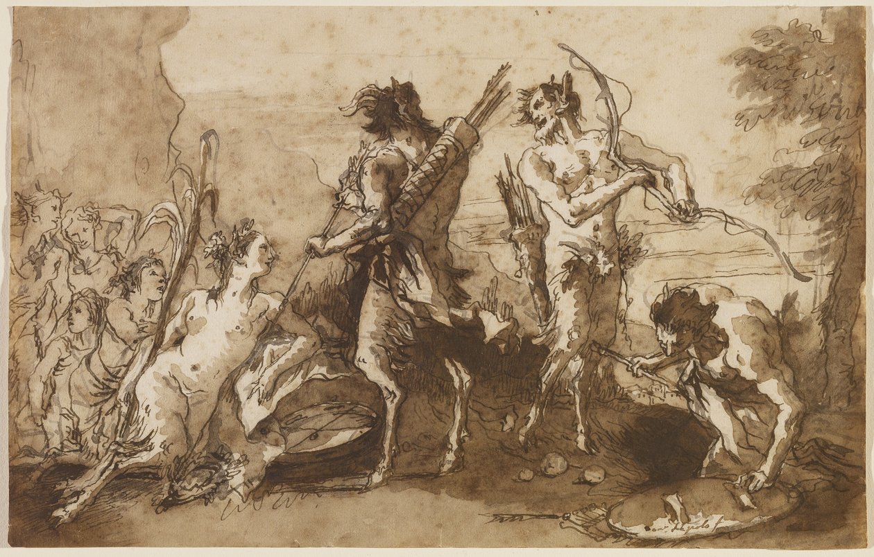 Sátiros e Satyresses em uma paisagem, c.1770 (caneta e tinta de fel de ferro com lavagens marrons e cinzas sobre papel) de Giovanni Domenico Tiepolo
