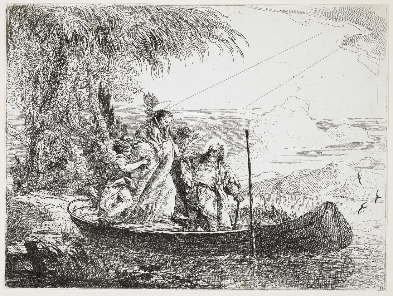 : A Sagrada Família Entrando no Barco da Fuga para o Egito, 1750-1753 de Giovanni Domenico Tiepolo