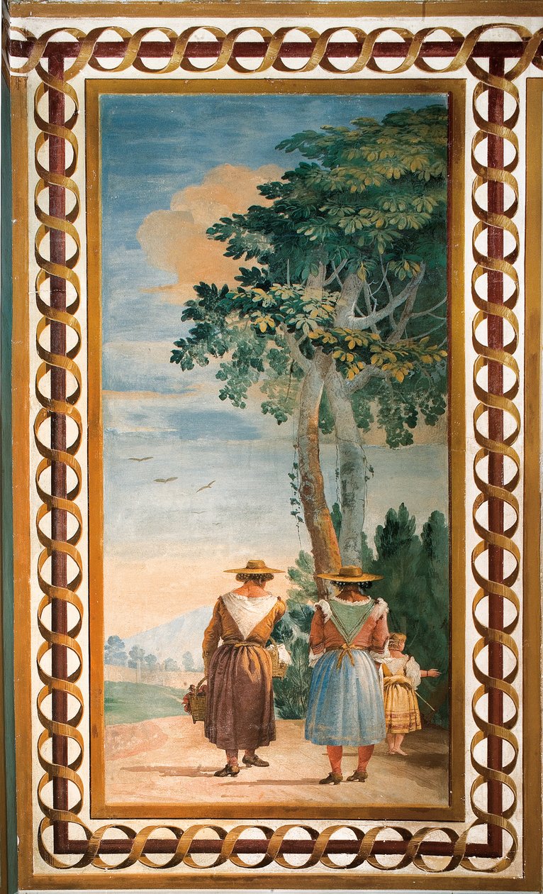 Três camponeses vistos de trás, da sala de cenas rústicas, na Foresteria, 1757 de Giovanni Domenico Tiepolo