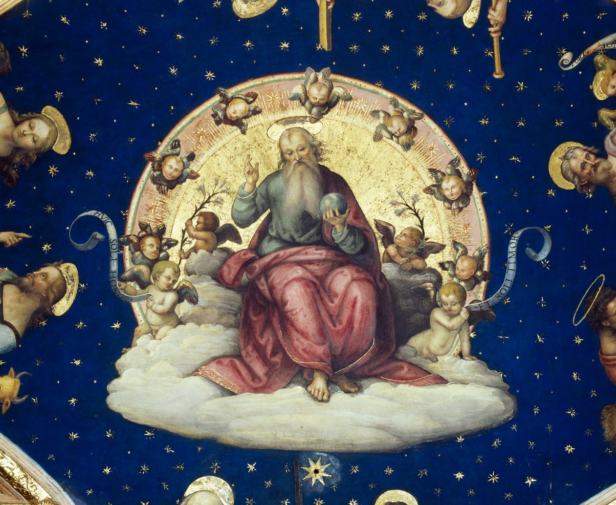 Deus Beneditino sentado na glória, detalhe de cena das Histórias de vida de São João Batista de Giannicola di Paolo