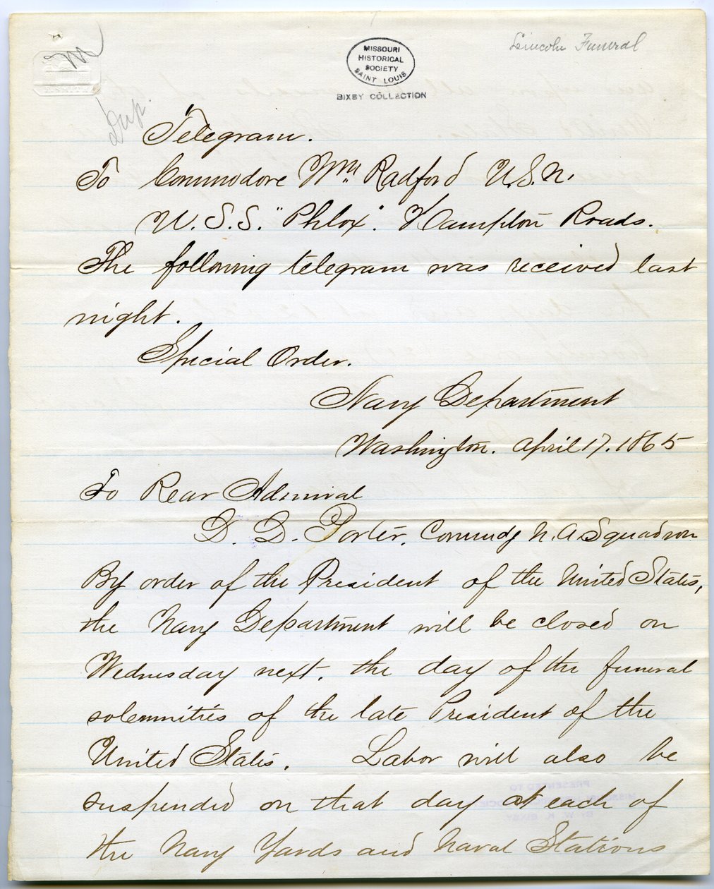 Contém pedidos para todos os navios de guerra no dia do funeral de Abraham Lincoln de Gideon Welles