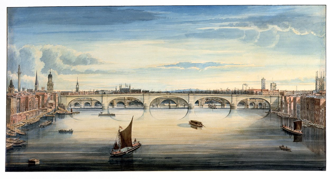 Oeste, vista, de, novo, ponte londres, e, antigas, ponte londres, 1830 de Gideon Yates