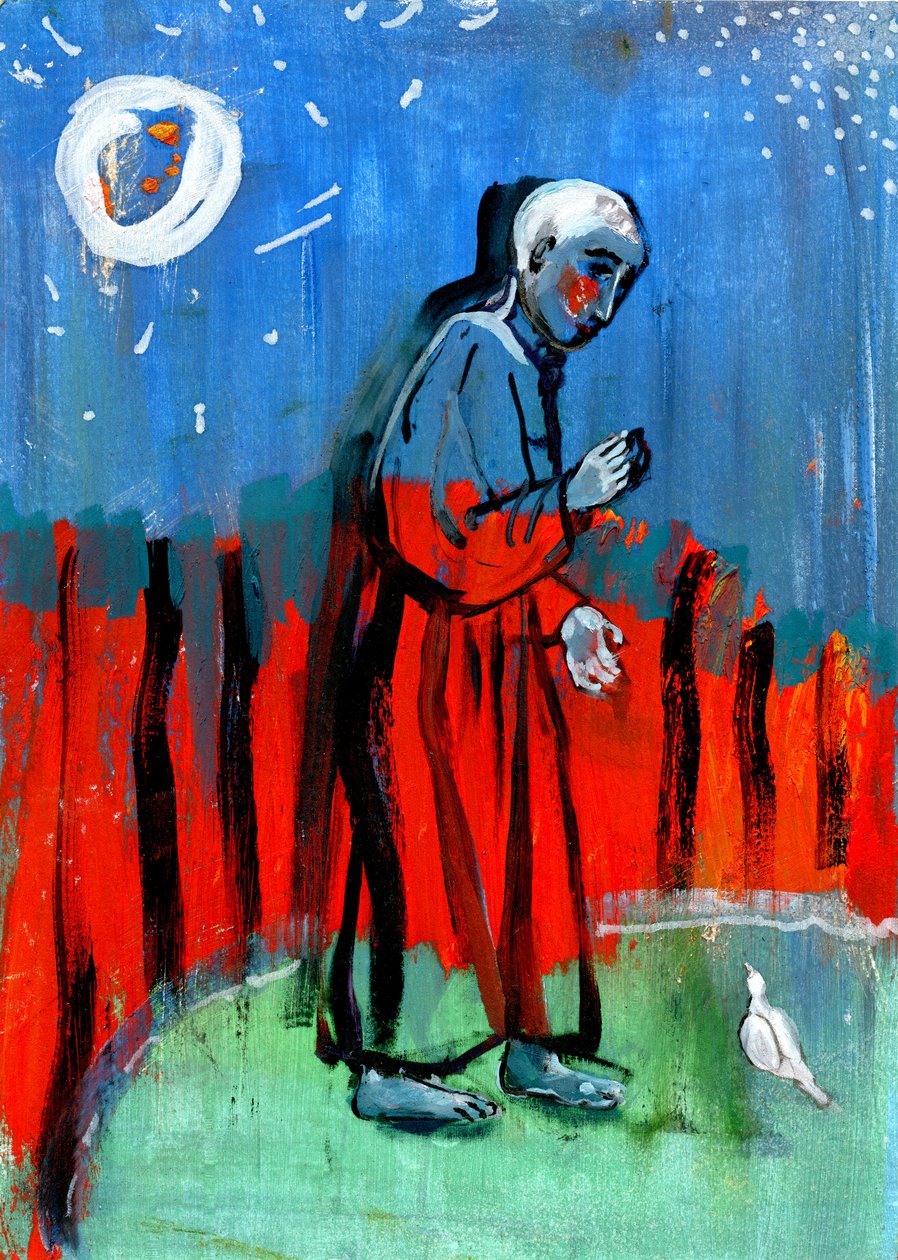 Alimentando os Pássaros. Depois de Giotto, 2015, (óleo sobre papel) de Gigi Sudbury