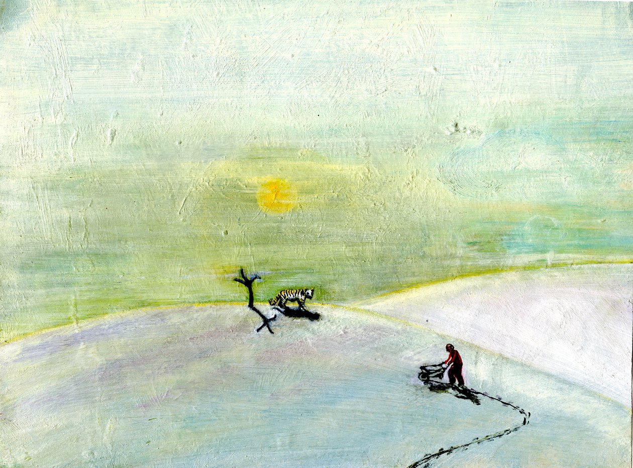Meu carrinho de mão e o tigre da neve, 2004, (óleo no papel) de Gigi Sudbury