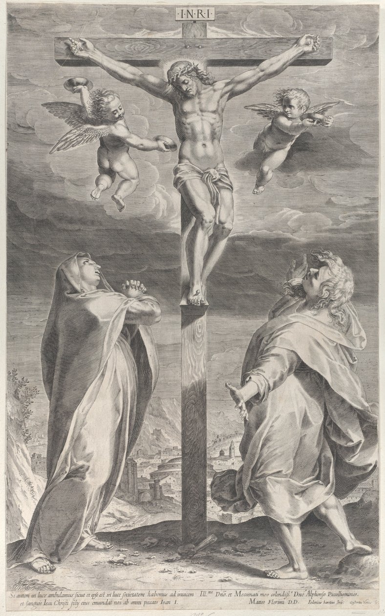 Crucificação com a Virgem Maria e São João Evangelista, anjos no alto, ca. 1593., c. 1593 de Gijsbert Van Veen