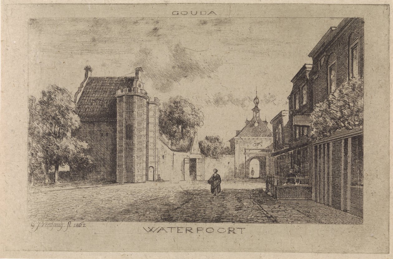 Vista do Waterpoort em Gouda de Gijsbertus Johannes Verspuy