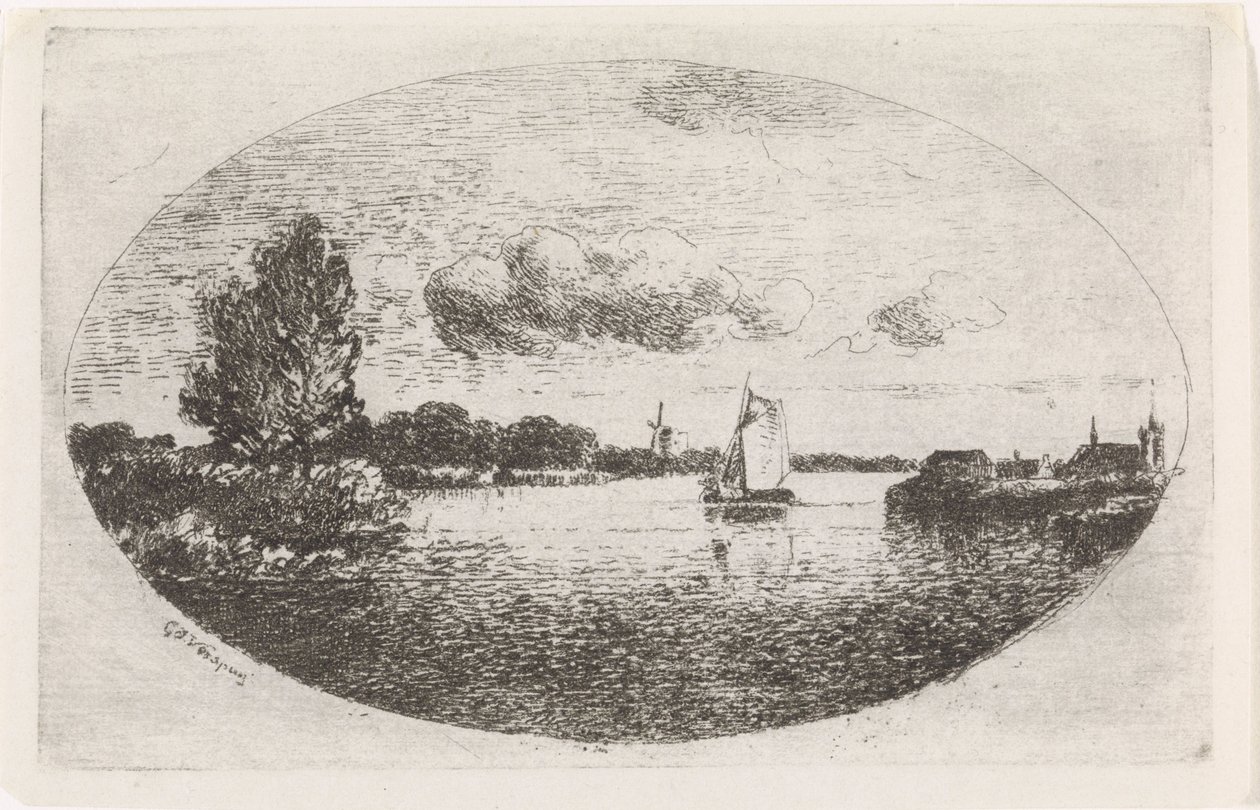 Vista do rio com um veleiro de Gijsbertus Johannes Verspuy