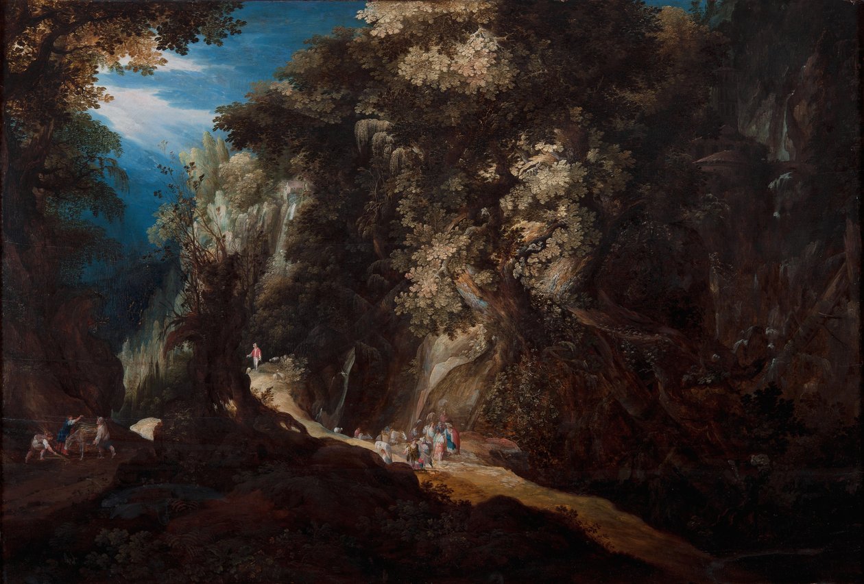 Paisagem de montanha arborizada com cachoeira e viajantes de Gijsbrecht Leytens
