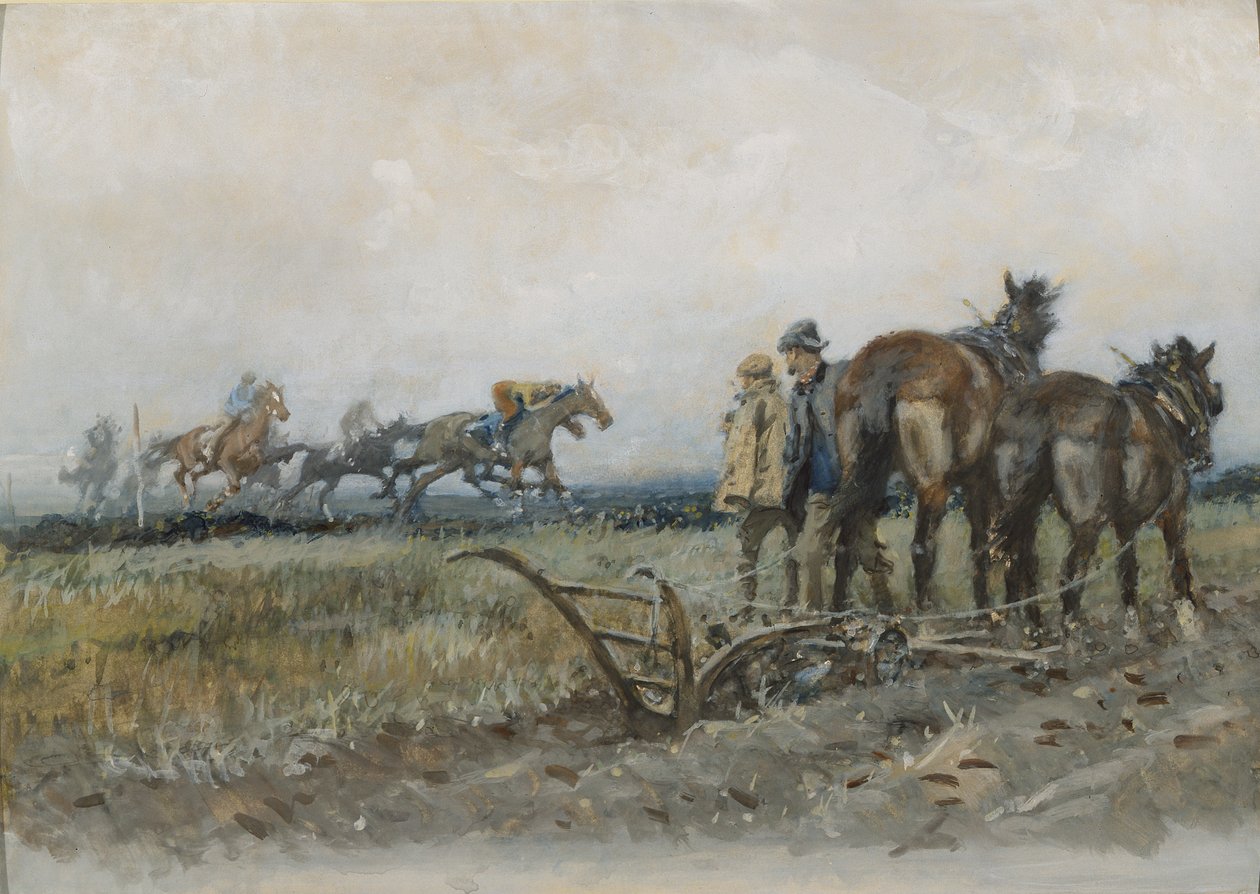 Cavalos de corrida no exercício assistido por lavradores (wc e guache a bordo) de Gilbert Holiday