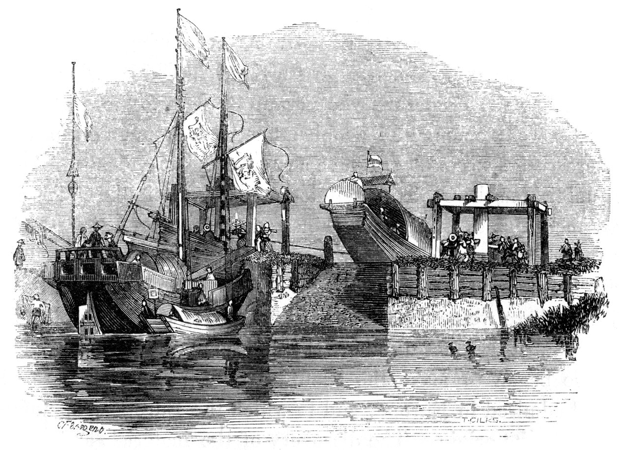 Barco desenhado sobre uma eclusa ou trava em um canal, 1847 de Giles