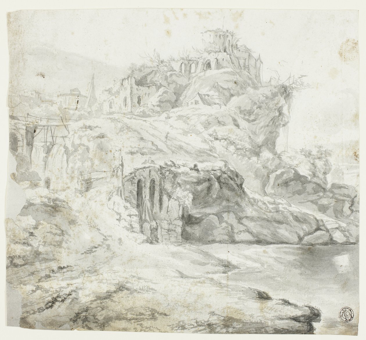 Promontório rochoso com ruínas e cascatas (frente); esboço de falésia com edifícios (verso) de Giles Edme Petit