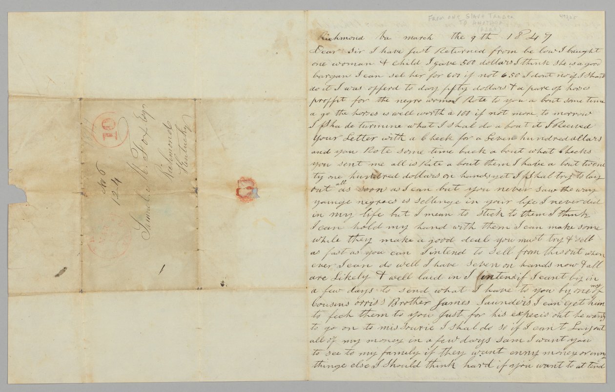 Carta a Samuel Fox de Giles Saunders sobre o tráfico de escravos, 9 de março de 1847. de Giles Saunders