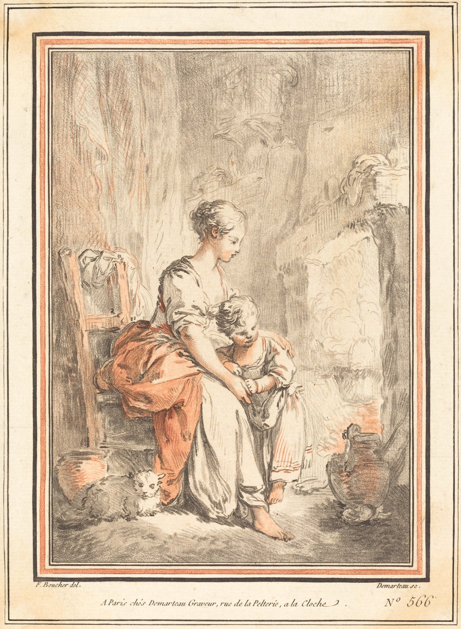 Mulher e criança diante de uma lareira de Gilles Antoine Demarteau after François Boucher
