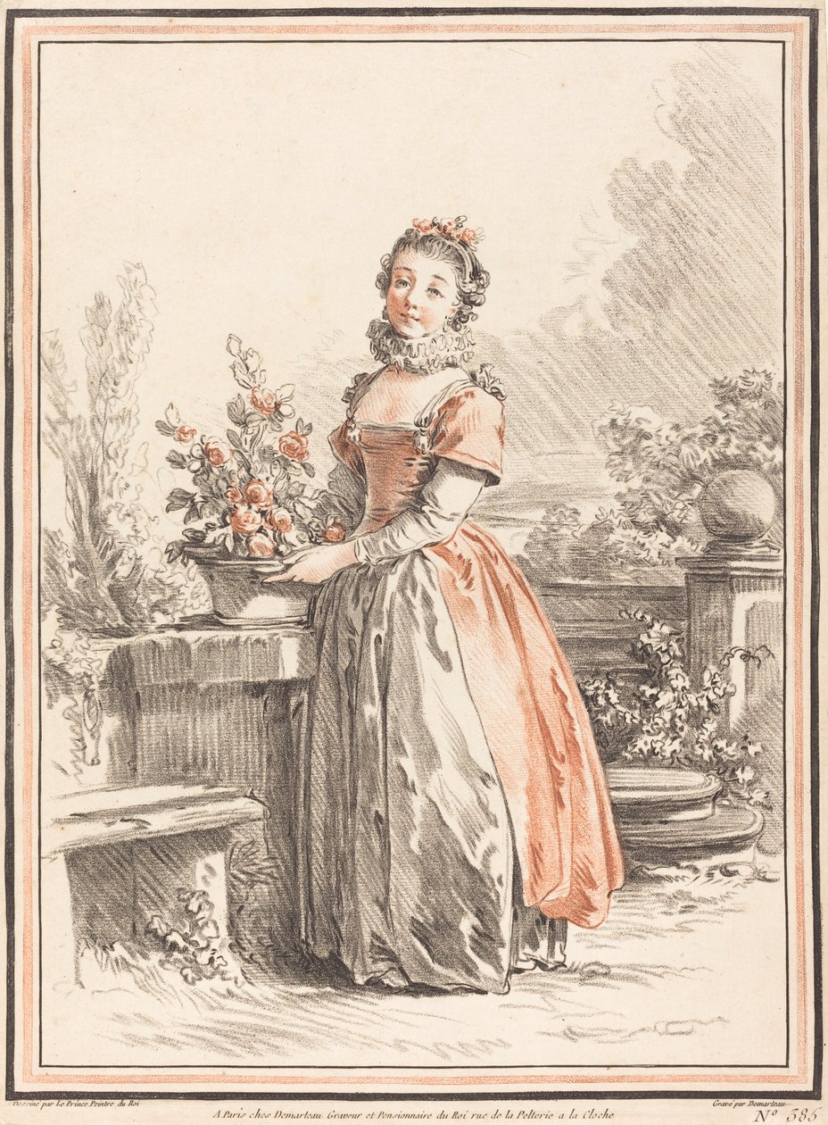 Uma jovem de pé em um parque de Gilles Antoine Demarteau after Jean Baptiste Le Prince