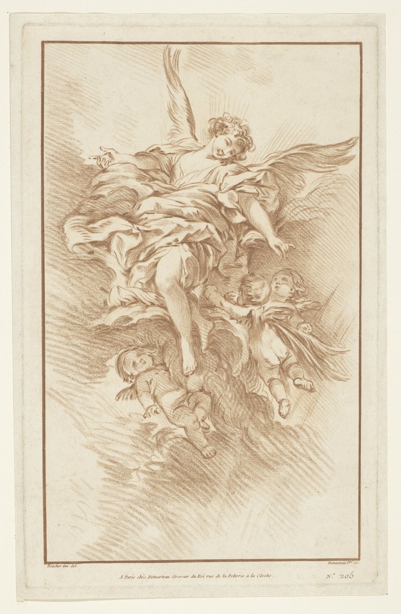 Anjo com três putti nas nuvens de Gilles Demarteau