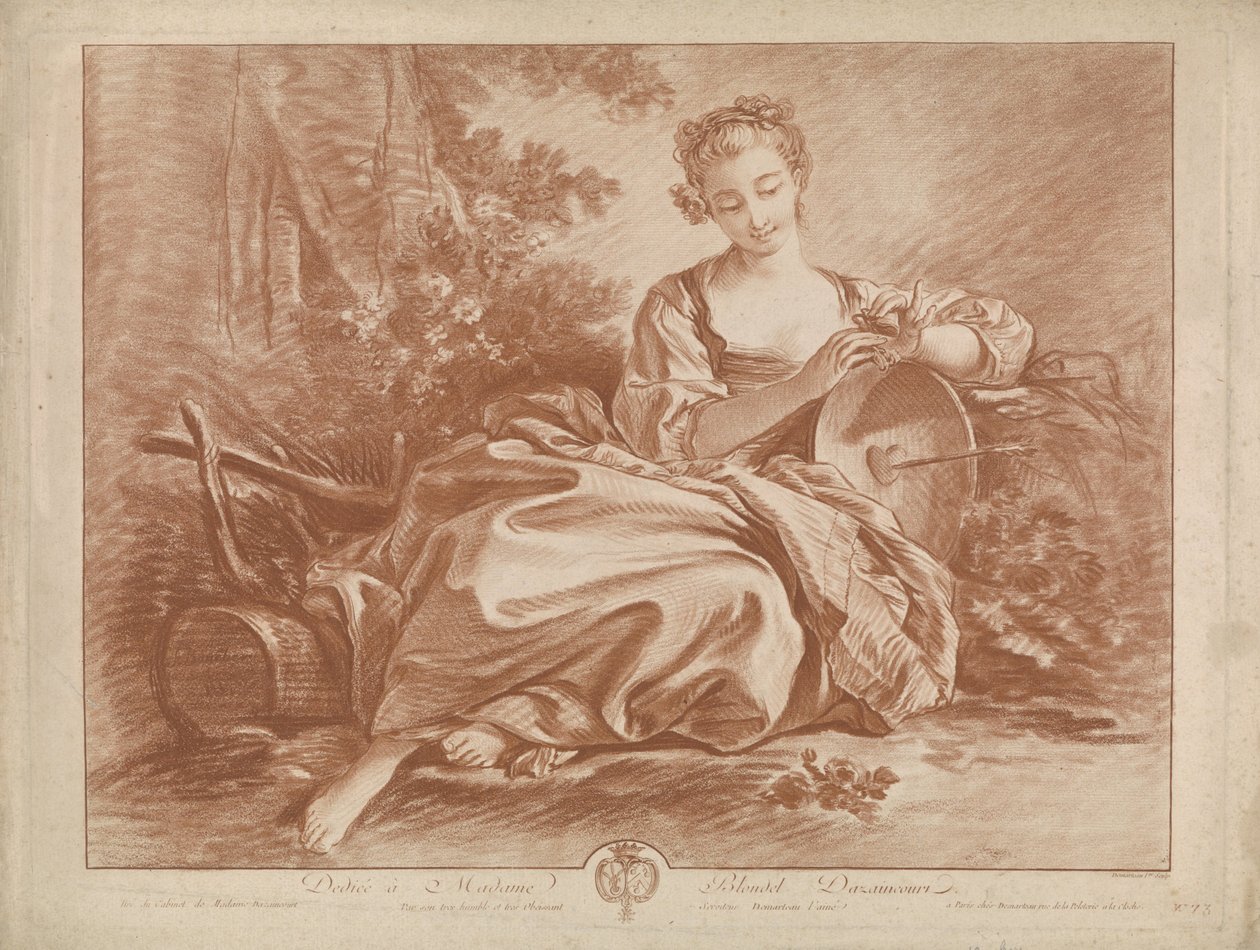 Jovem mulher sentada com escudo mostrando coração perfurado com flecha de Gilles Demarteau
