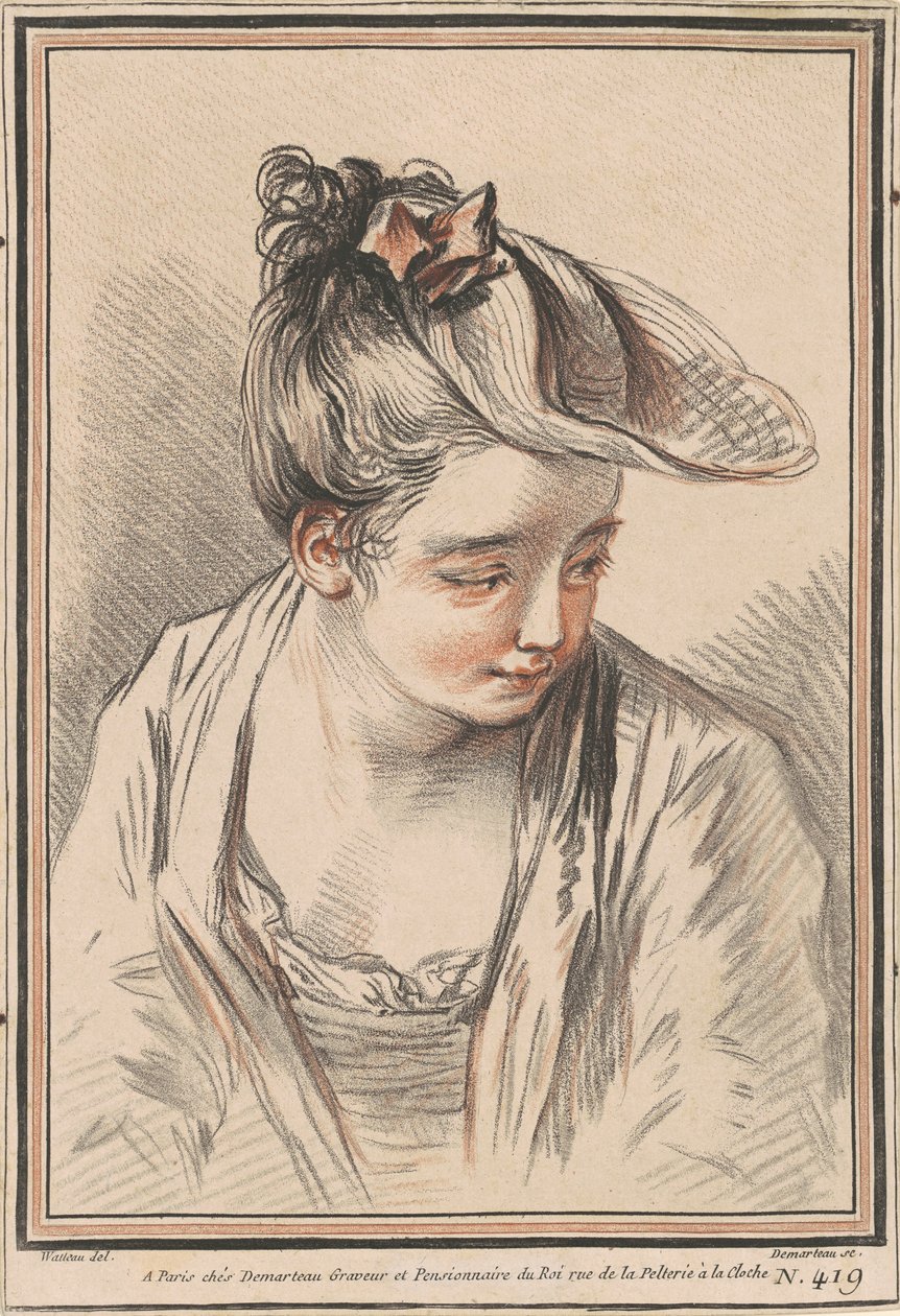 Head of a Young Woman Wearing a Hat de Gilles Demarteau the Elder after Antoine Watteau