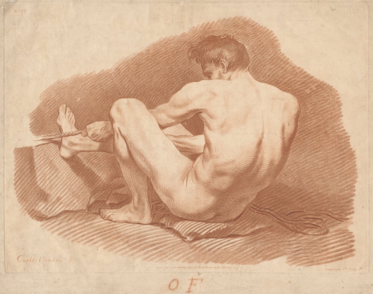 Homem nu sentado, visto de trás, puxando uma corda de Gilles Demarteau, the Elder after Carle Van Loo