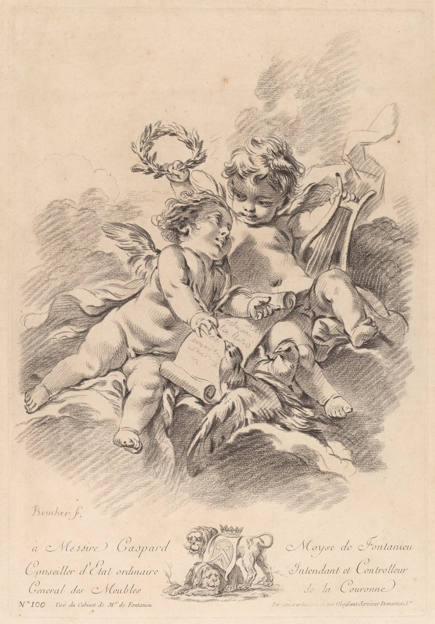 Alegoria da música com dois querubins e pombas (100) de Gilles Demarteau the Elder after François Boucher
