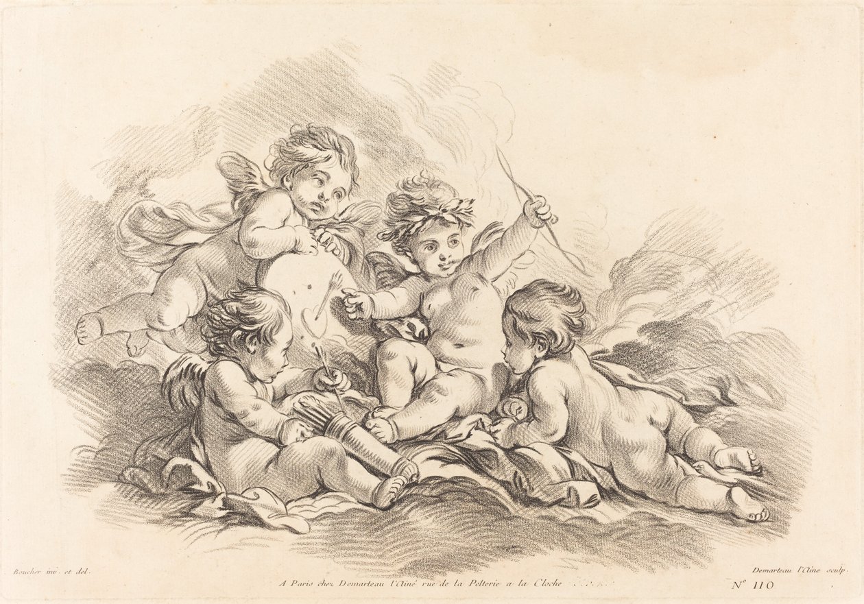 Quatro querubins na prática de tiro ao alvo de Gilles Demarteau, the Elder after François Boucher